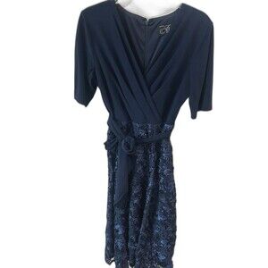 Alex Evenings Dress Women’s Size 10P Navy V Neck Tea Length with Detailing Dress